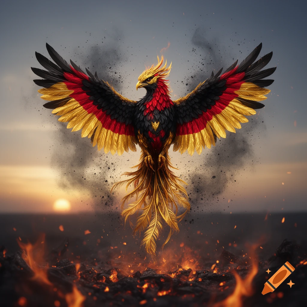 A black, red, and gold phoenix with outstretched wings rises from fire and ashes under a dramatic sky.