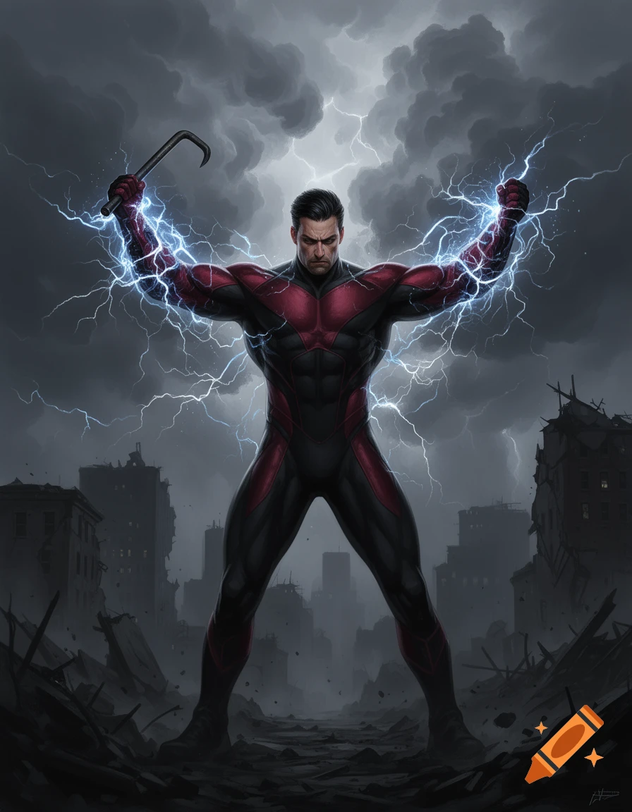 Muscular anti-hero in black and red suit with a crowbar and lightning, stands heroically in a destroyed city under stormy skies, comic art style.