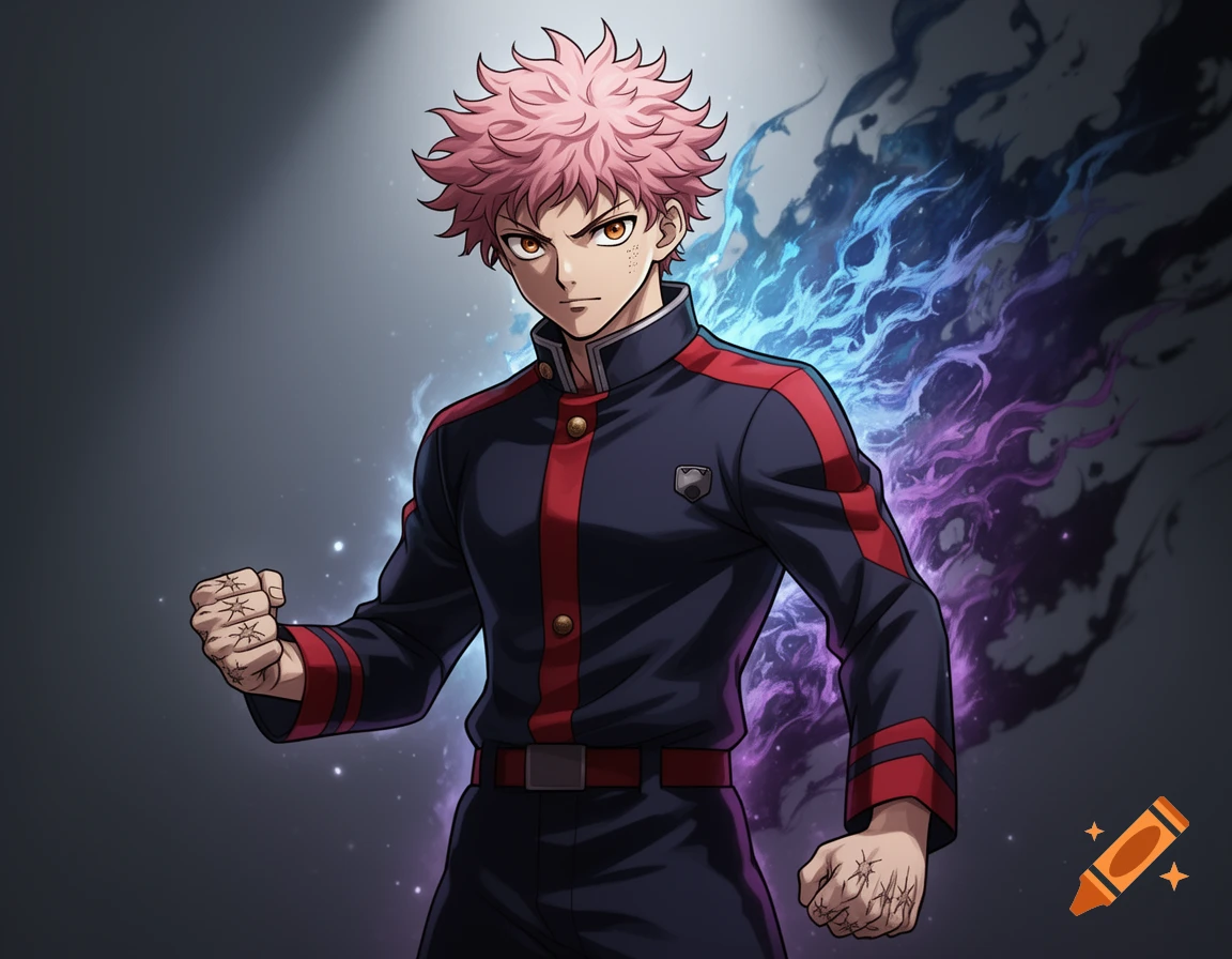 An anime-style young man with spiky pink hair and brown eyes, wearing a dark blue uniform with red stripes, stands with fists clenched against a background of swirling blue and purple energy.