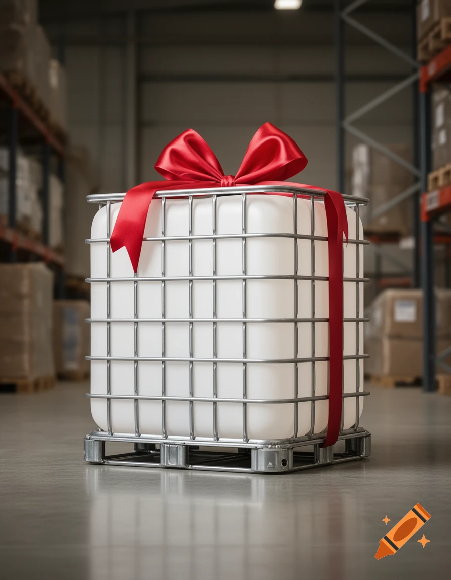 Photorealistic image of a white IBC container with a metal cage and a red bow, presented as a gift in a warehouse setting.