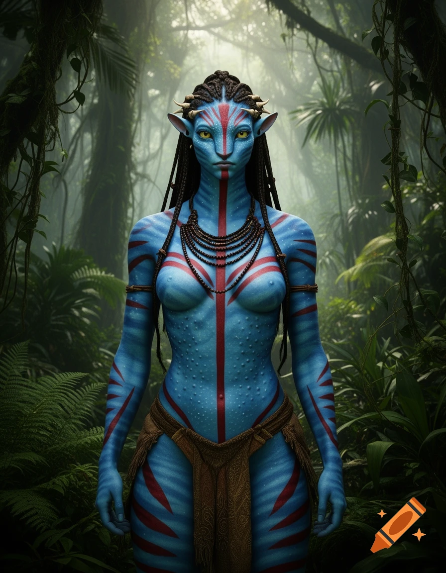 Photorealistic portrait of a female Na'vi character with blue skin, red markings, beaded necklaces, and a loincloth in a jungle.