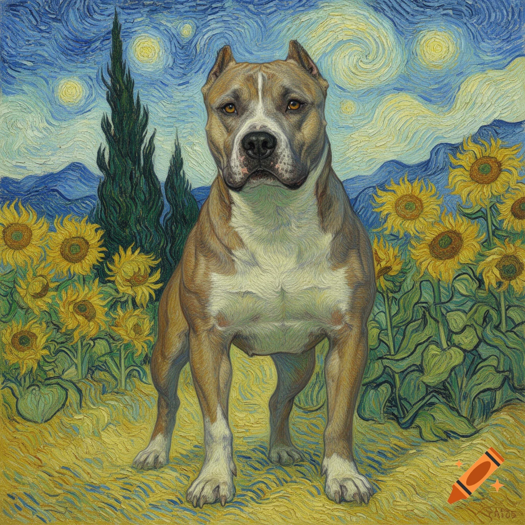 A brown and white American Staffordshire Terrier stands in a field of sunflowers with cypress trees under a swirling starry blue sky, in Van Gogh's style.