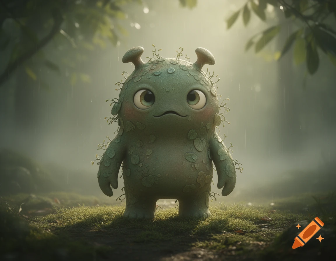 A cute, green, moss-covered monster with large eyes stands with a sad expression in a misty, rainy forest, stylized.