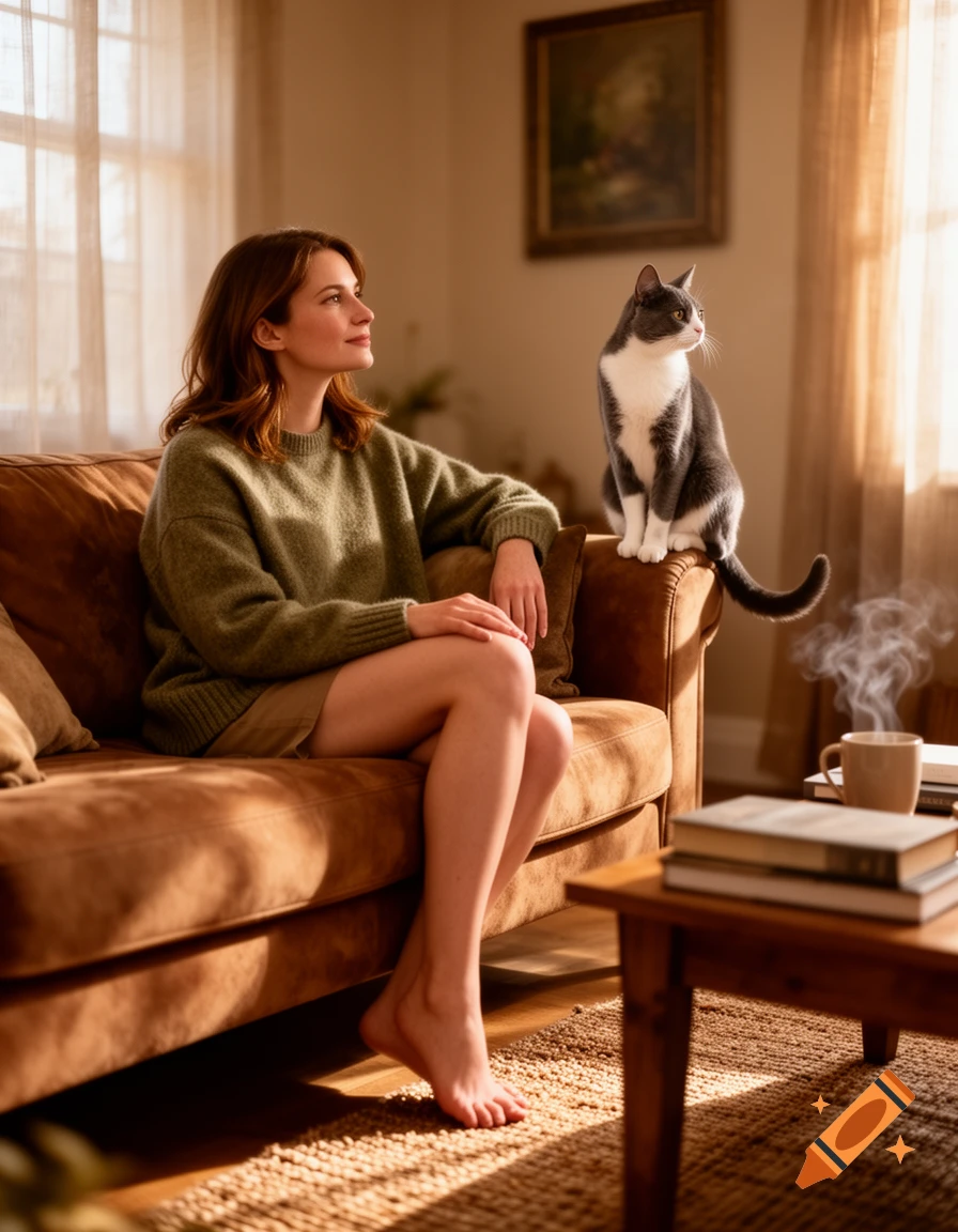 A woman in a green sweater sits on a brown couch with a gray and white cat on the armrest, looking out a sunlit window.