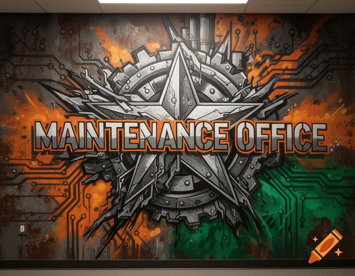 Graffiti-style mural with 'MAINTENANCE OFFICE' text, a star, gears, and circuit board patterns in orange, green, and grey tones.