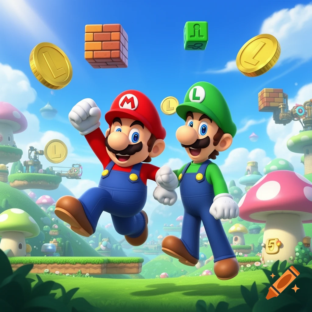 Mario and Luigi jump through a vibrant, cartoonish landscape with floating coins, brick blocks, and colorful mushrooms under a bright blue sky.