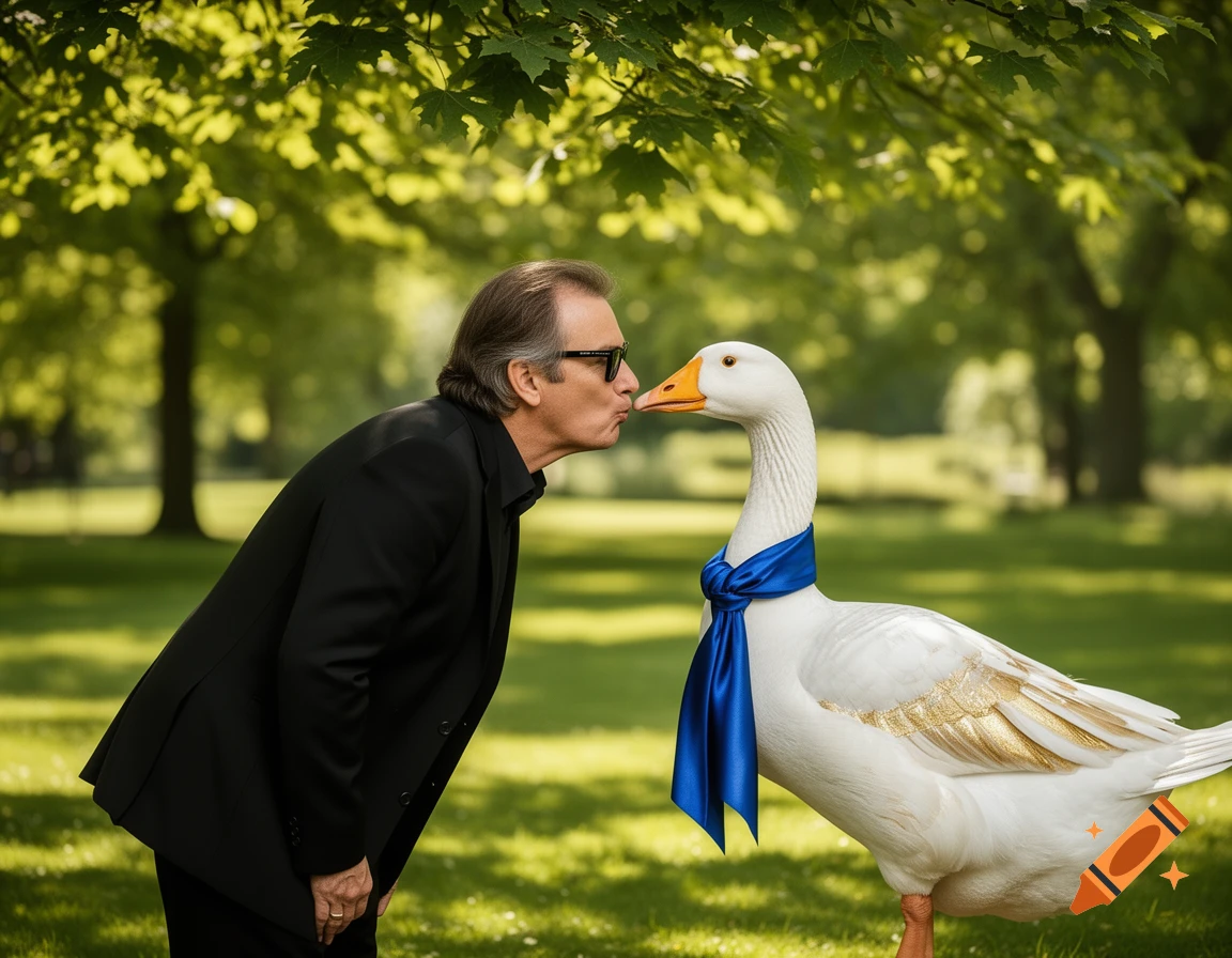 A man in a black suit and sunglasses puckers his lips towards a goose wearing a blue scarf and golden feathers in a sunny park.