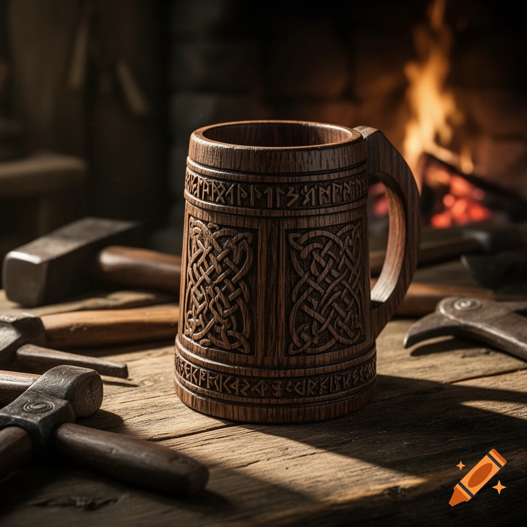 A richly carved wooden Viking-style mug, adorned with Celtic knots and runic-like script, rests on a rustic wooden workbench amidst tools, with a glowing fireplace in the background.