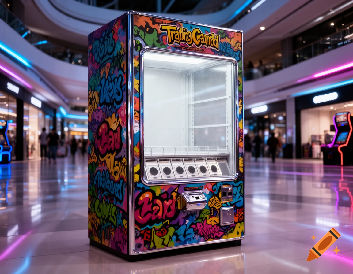 A colorful graffiti-covered vending machine, labeled "Trading Card," stands empty in a futuristic shopping mall with neon lights.