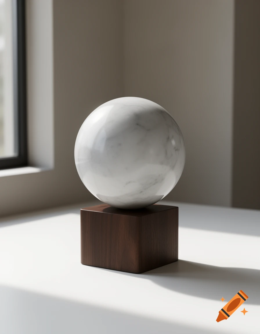 A white marble sphere sits on a dark wooden cube, illuminated by natural light from a nearby window.