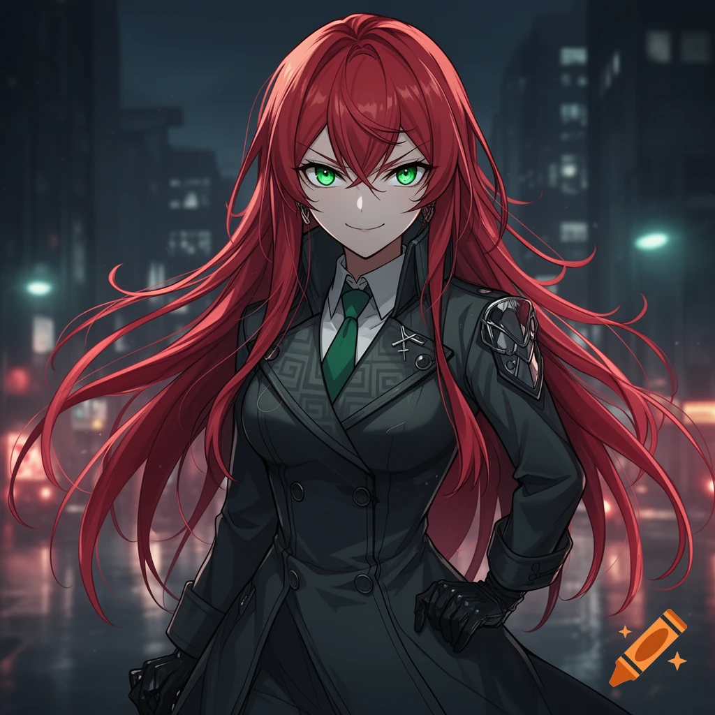 An anime woman with long red hair and glowing green eyes wears a dark trench coat with a green tie in a nighttime city setting.