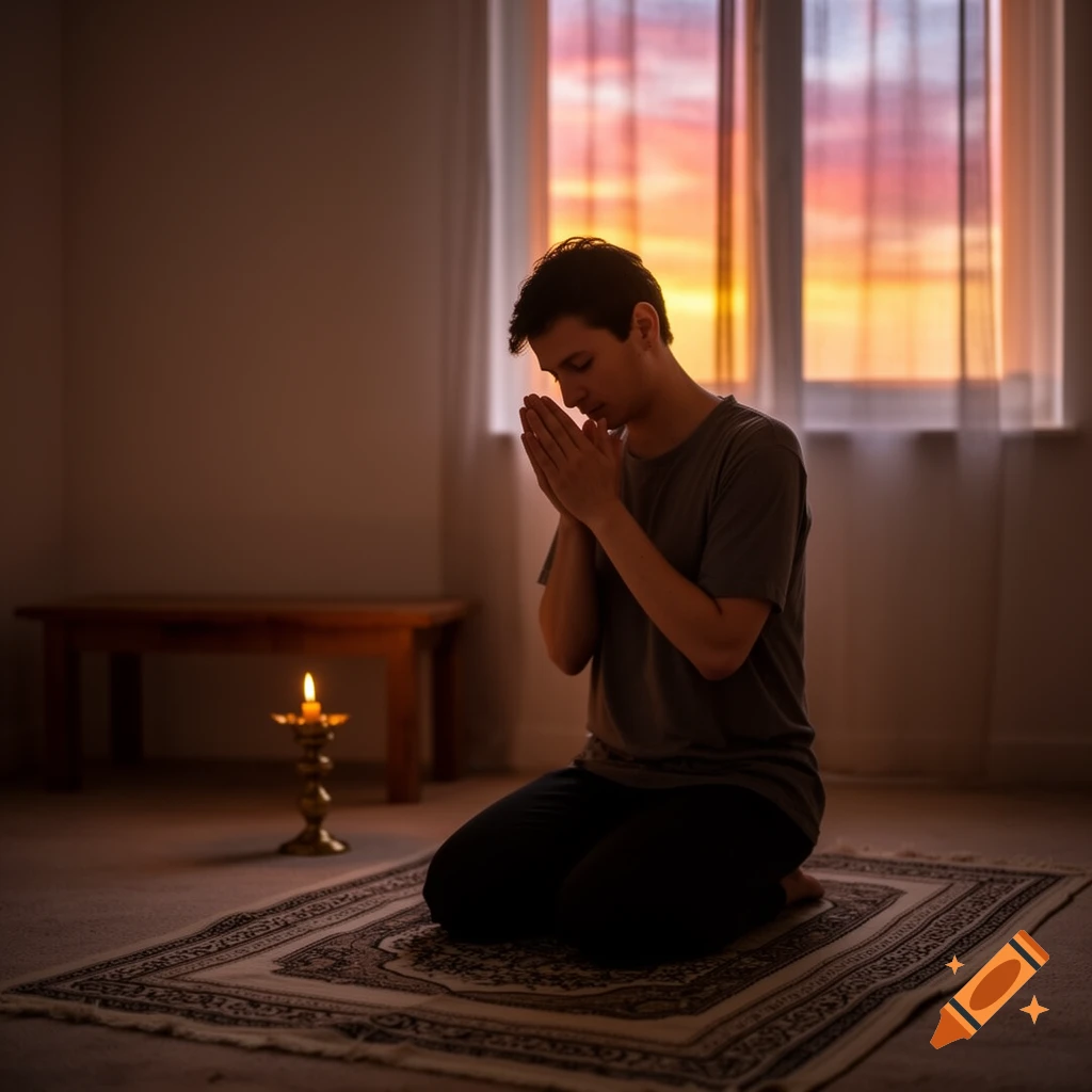 A young man kneels on a prayer mat with hands clasped, facing a window at sunset, a candle glowing beside him.