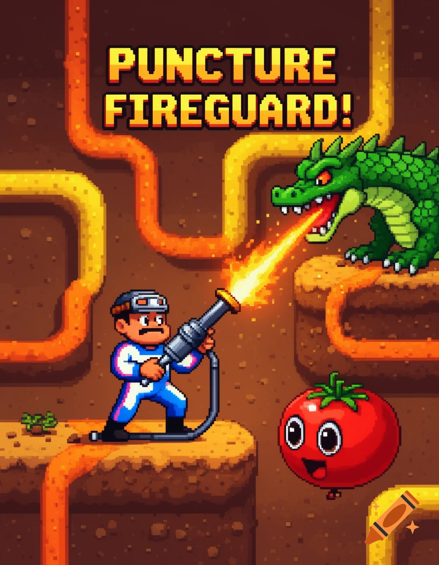 Pixel art game screen showing a man with a flamethrower battling a dragon, a floating tomato, and the title 'PUNCTURE FIREGUARD!'