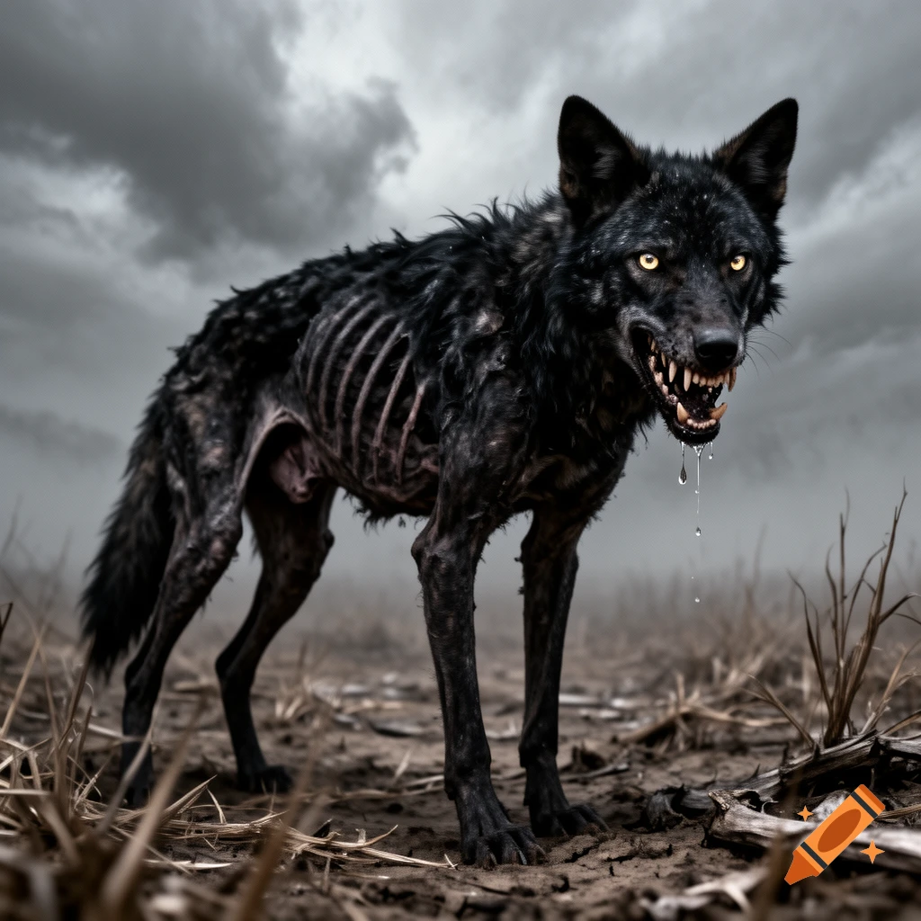 A snarling, emaciated black wolf-like creature with glowing yellow eyes and visible ribs stands in a barren field under a stormy sky.