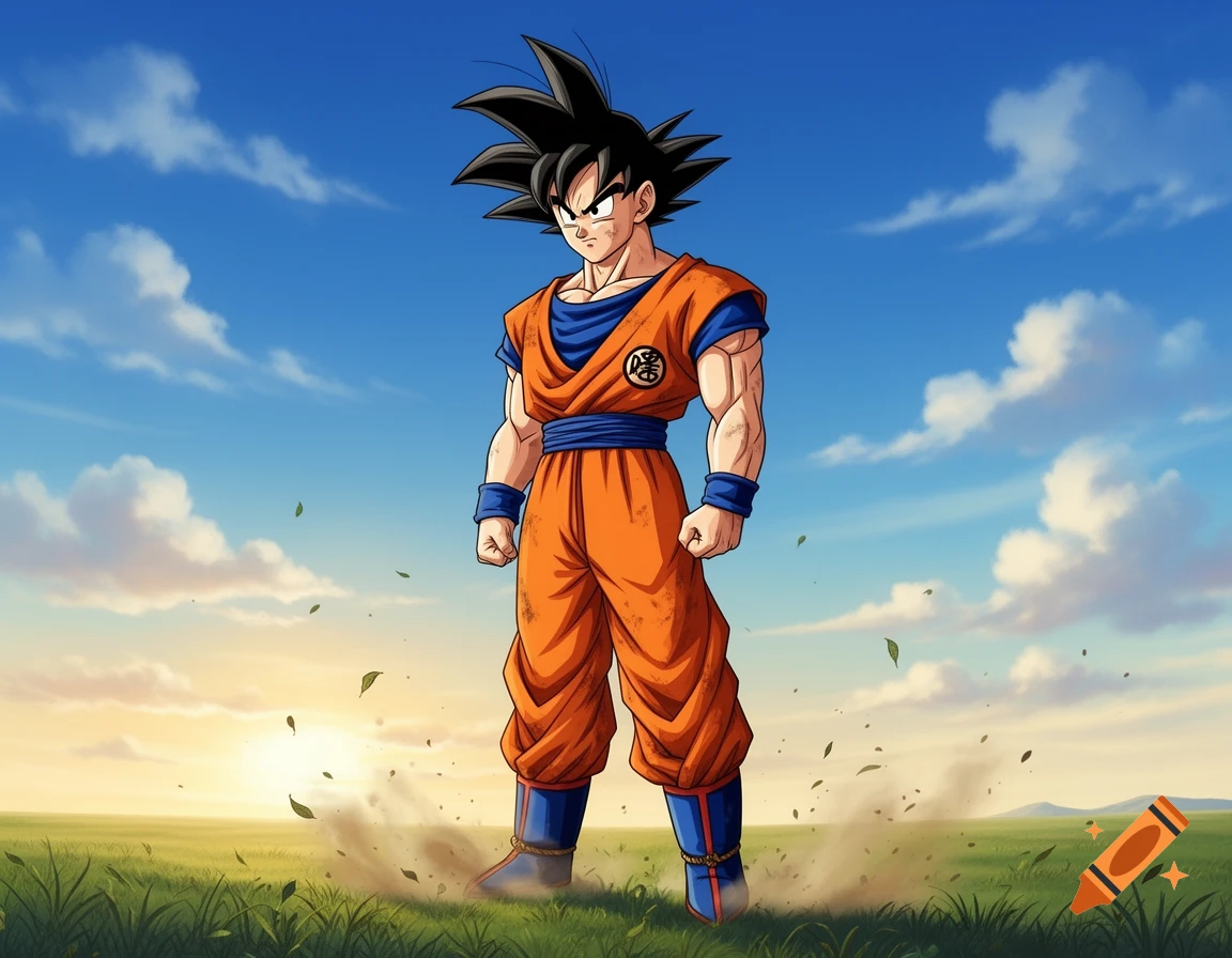 Goku in his orange gi stands powerfully in a green field with a blue sky and white clouds, in an anime style.