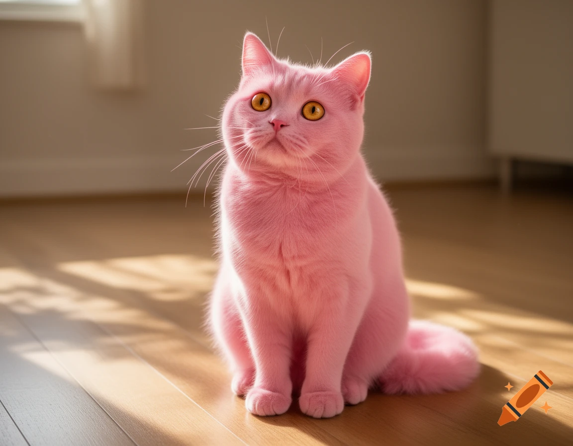 A fluffy pink cat with bright orange eyes sits on a polished wooden floor, bathed in warm sunlight.
