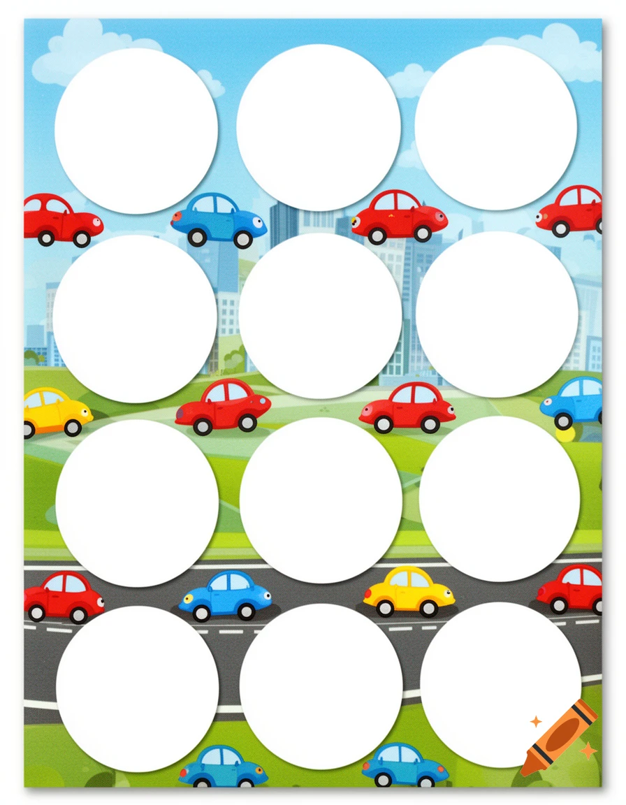 Child-friendly illustration with cartoon cars (red, blue, yellow) on a road, featuring 10 large white circles and a city background.
