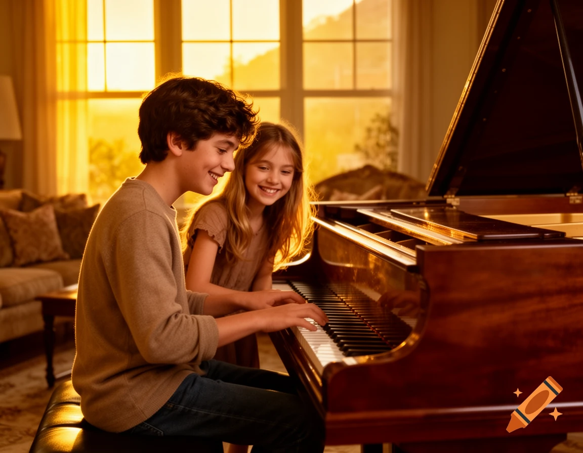 A boy plays a grand piano while a girl smiles beside him, bathed in golden sunlight from a window, in a photorealistic style.