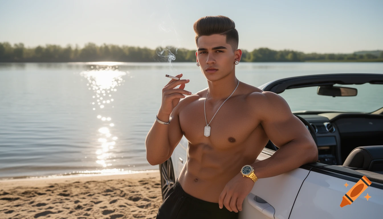 A shirtless muscular man with a pompadour hairstyle, wearing jewelry, leans on a white convertible by a sunny lake, holding a cigarette.