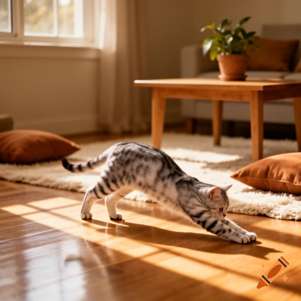 A silver tabby cat stretches on a sunny wooden floor in a cozy living room with a white rug and brown pillows, photorealistic.
