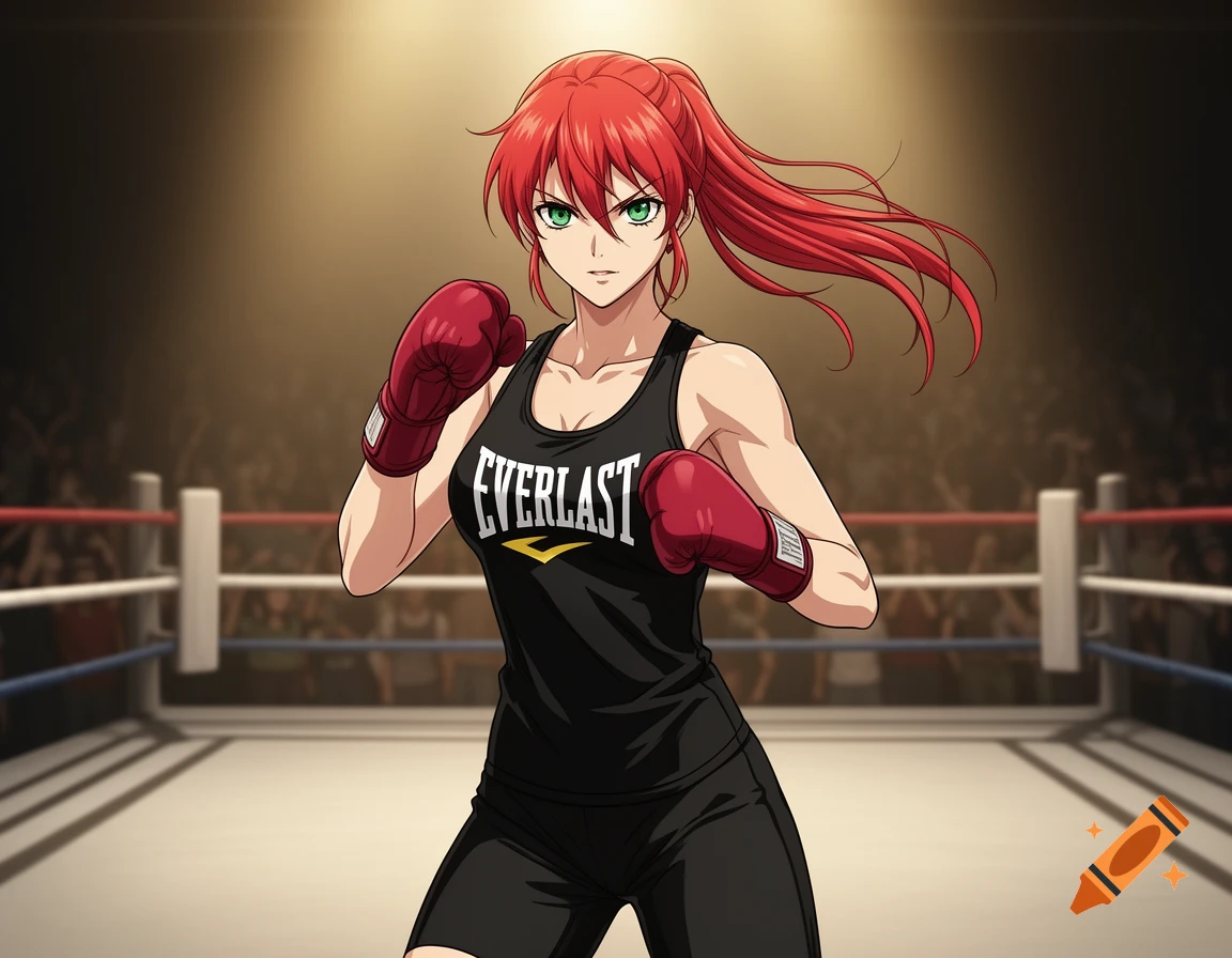 An anime woman with red hair and green eyes stands in a boxing ring, wearing a black Everlast tank top and red boxing gloves.