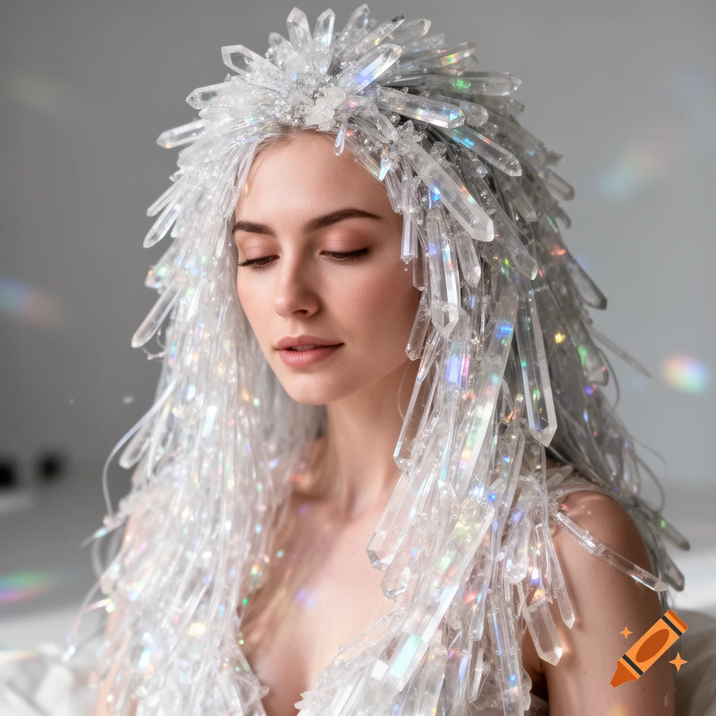 A serene woman with closed eyes, her hair and attire transformed into an elaborate crown and flowing locks of sparkling crystals.