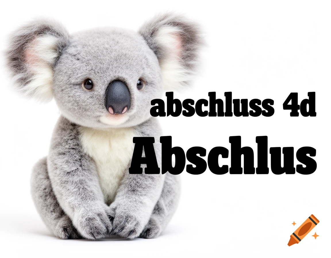 A fluffy grey koala sits with black text reading 'abschluss 4d' and 'Abschluss' on a white background.