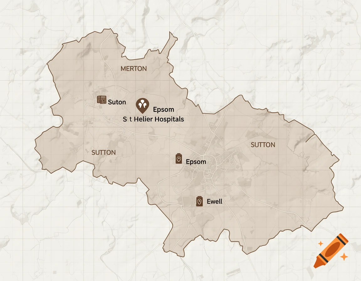 A brown-toned map outlines areas for Merton, Sutton, Epsom, and Ewell, marking locations of Epsom and St Helier Hospitals and towns.