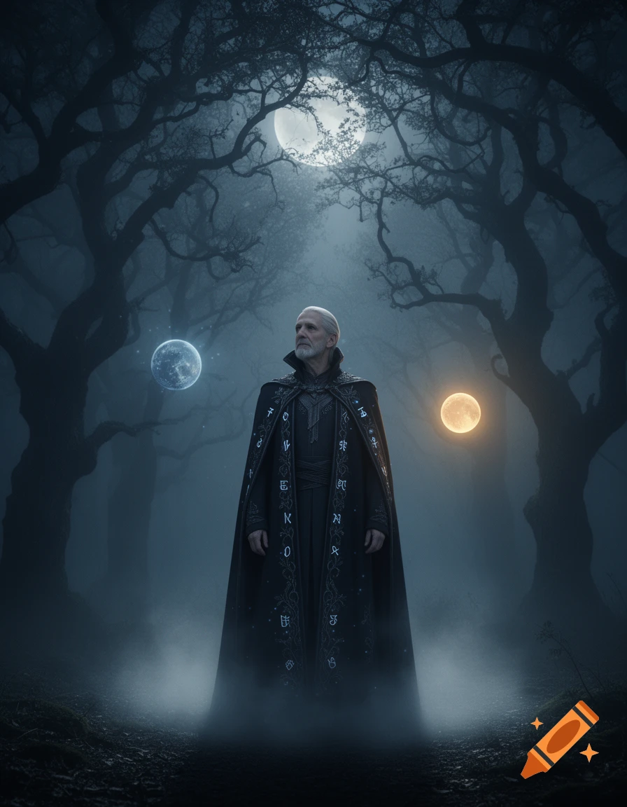 A white-bearded wizard in a dark, ornate cloak stands in a foggy forest under a full moon, flanked by a blue and a yellow glowing orb.