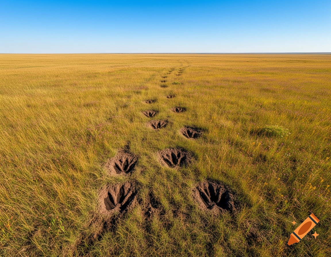 A wide-angle shot of a golden grassy field under a clear blue sky, with a path of dark, distinct hoofprints leading into the distance.