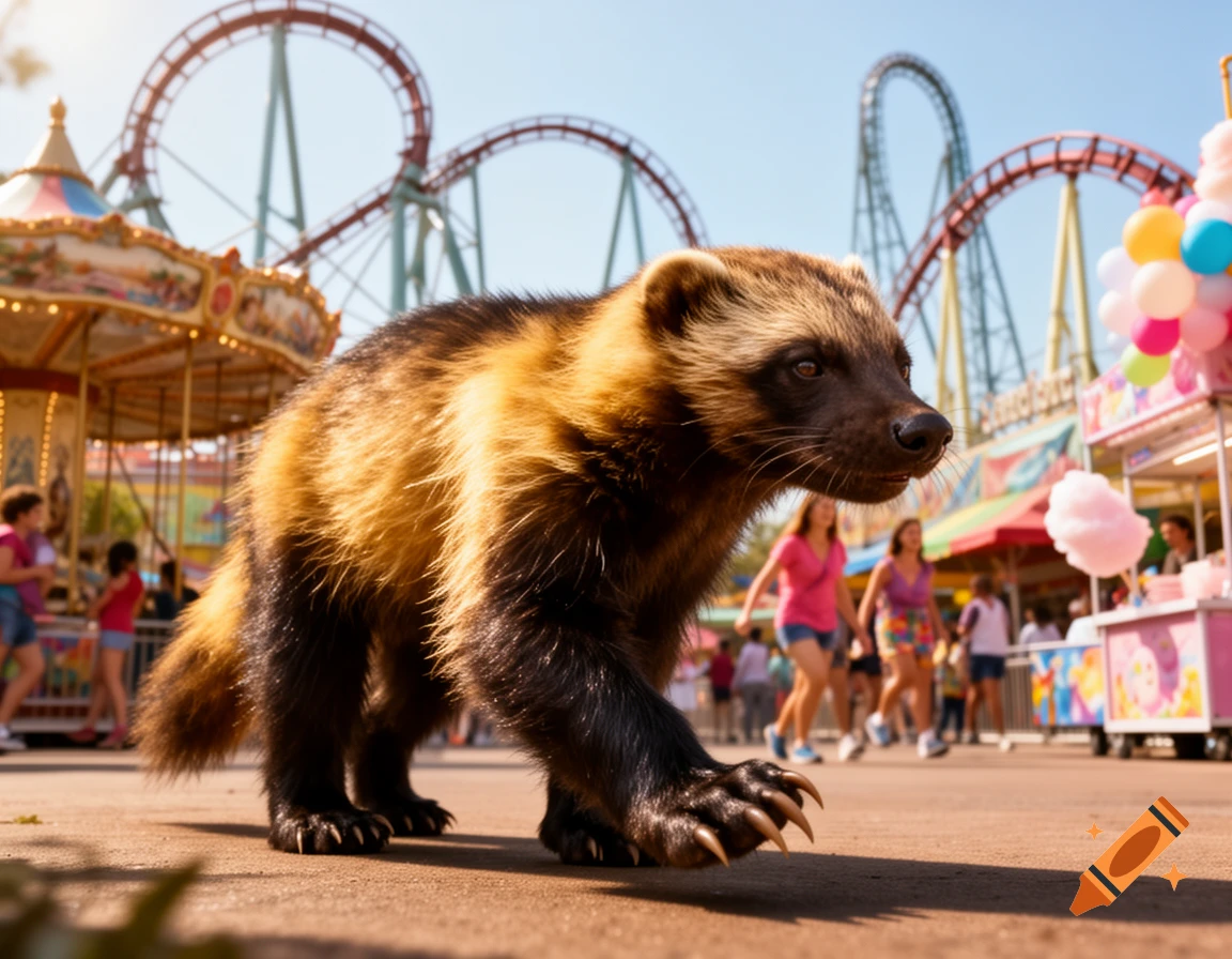 A photorealistic wolverine walks through an amusement park with a merry-go-round and roller coaster in the background.