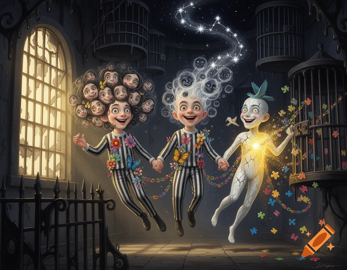 Three quirky, surreal figures with unique heads, in striped uniforms adorned with flowers and butterflies, float joyfully in a dreamlike gothic prison environment, holding hands and creating colorful puzzle piece chains and constellations. Golden light streams through a large arched window.