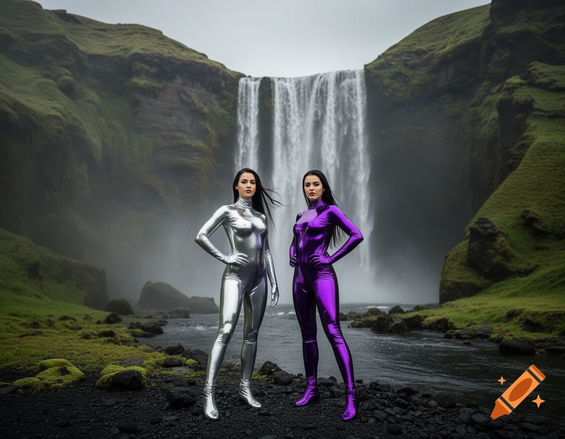 Two women in shiny silver and purple catsuits stand with hands on hips in front of a large waterfall and mossy green hills.