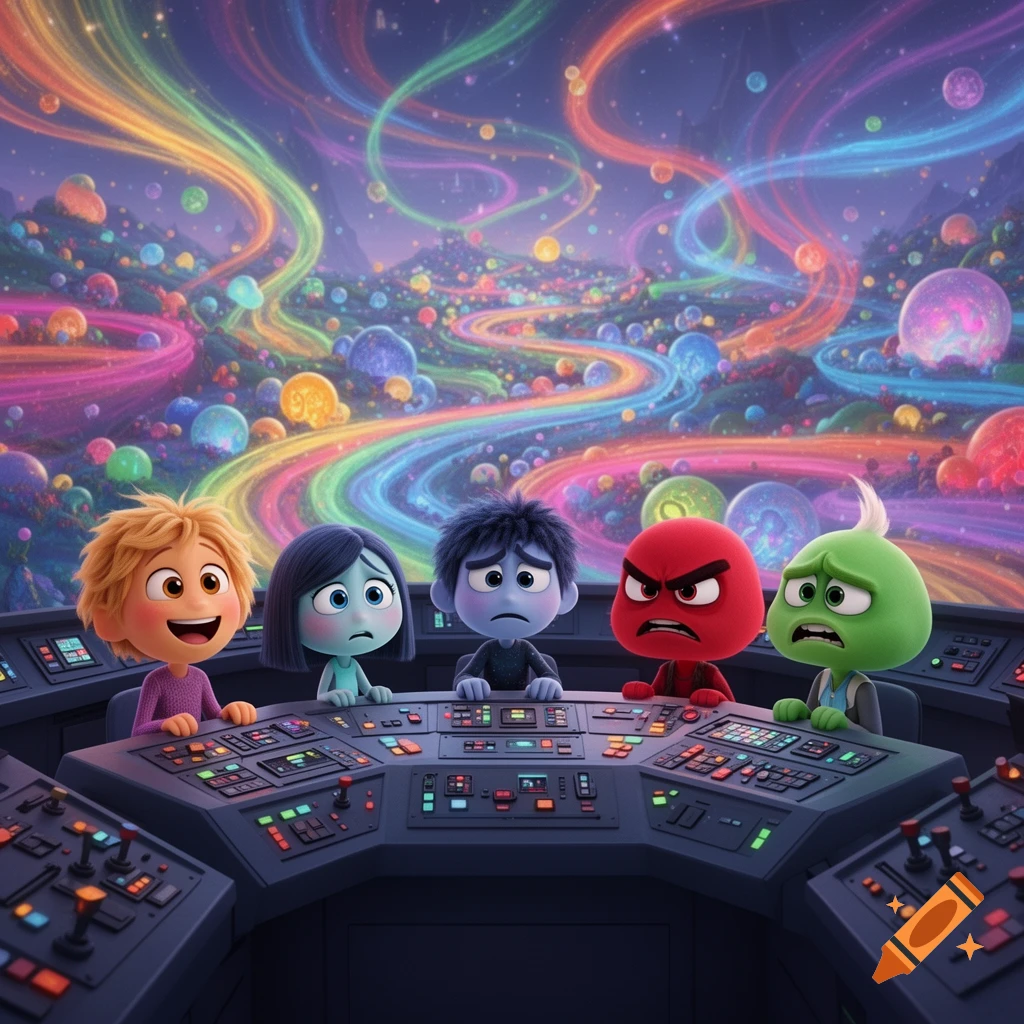 Joy, Sadness, Anger, Fear, and Disgust at a control panel, overlooking a colorful, whimsical landscape.