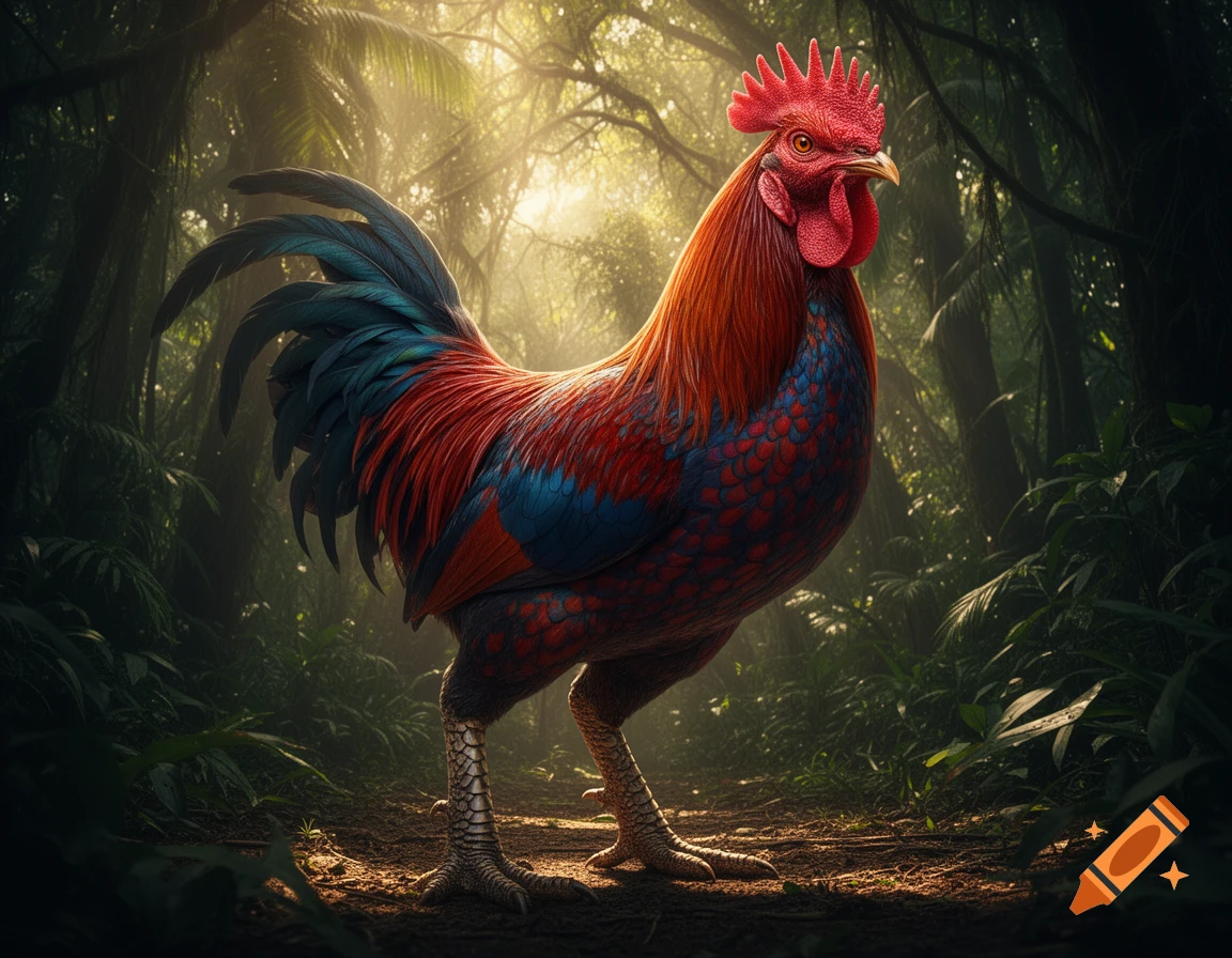 A majestic, colorful rooster with red and blue feathers stands on a path in a mystical, sunlit jungle.