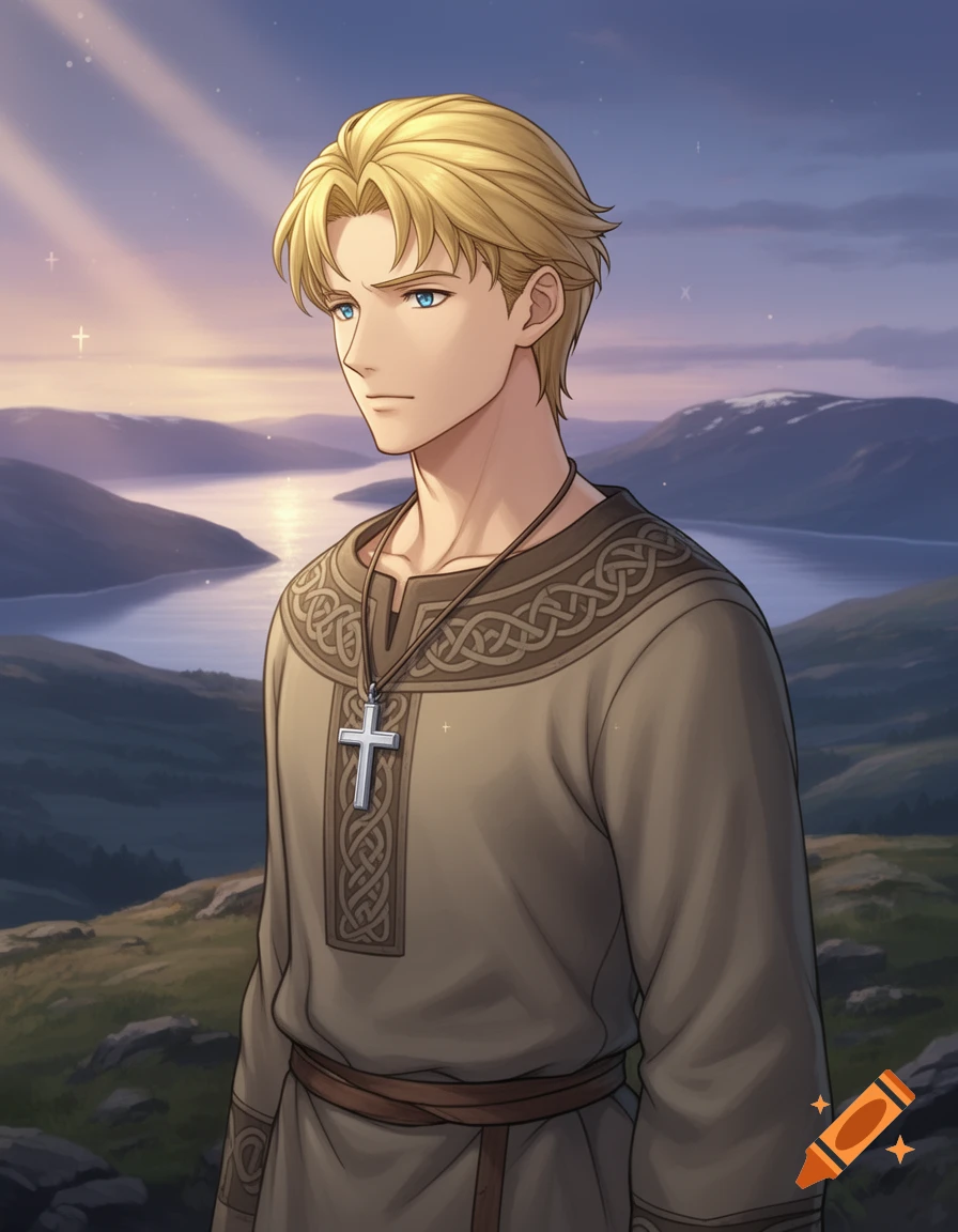 Anime-style portrait of a blonde, blue-eyed man in a Celtic knot tunic and cross necklace, on a hill overlooking a lake at sunset.