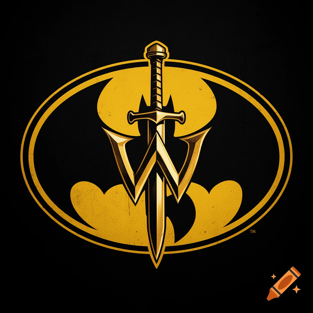 A black and gold mashup logo featuring a sword and a 'W' for Wu-Tang Clan over a Batman symbol within an oval.