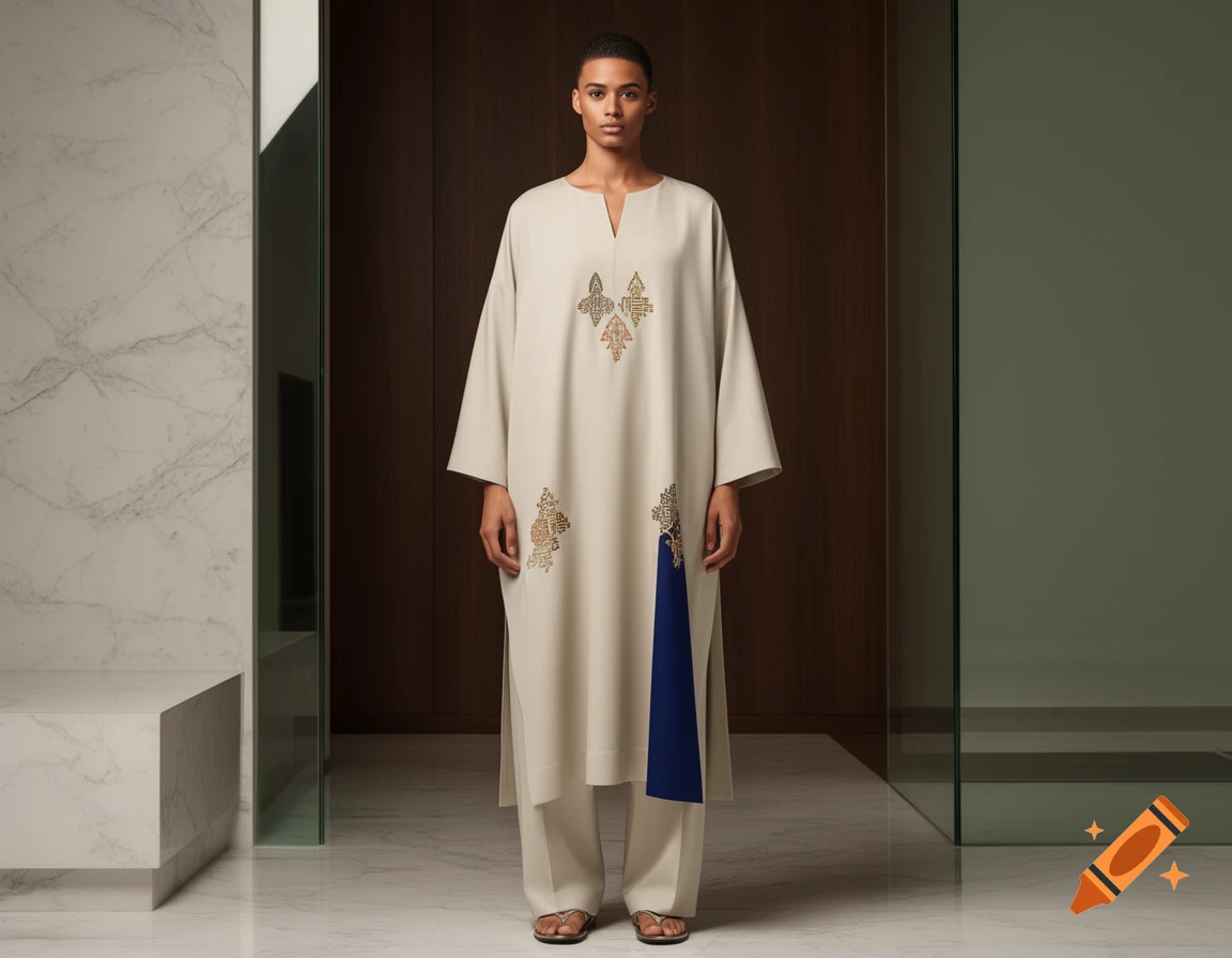 A model stands wearing a cream-colored kaftan with gold and blue abstract embroidery, in a modern interior with marble and wood accents.