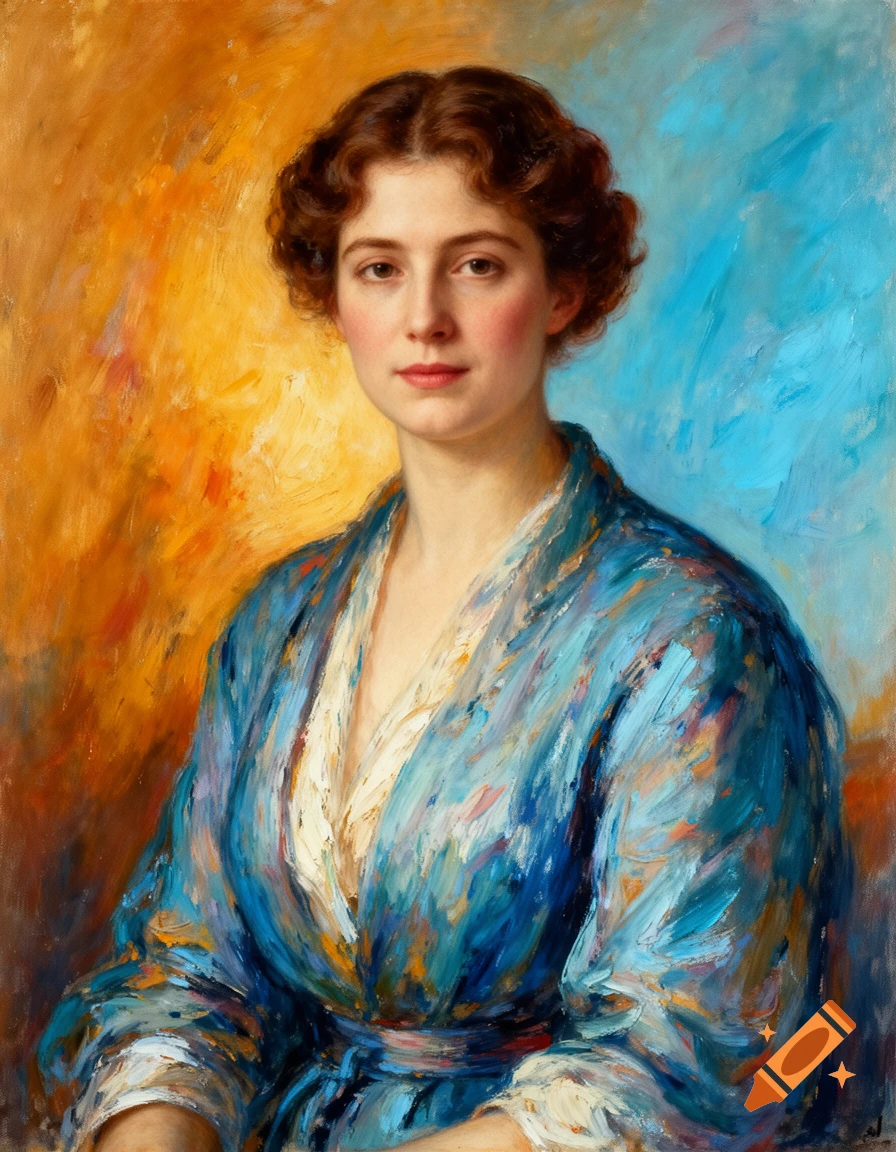 A painterly portrait of a young woman with dark curly hair wearing a blue patterned robe against a vibrant orange and blue background.
