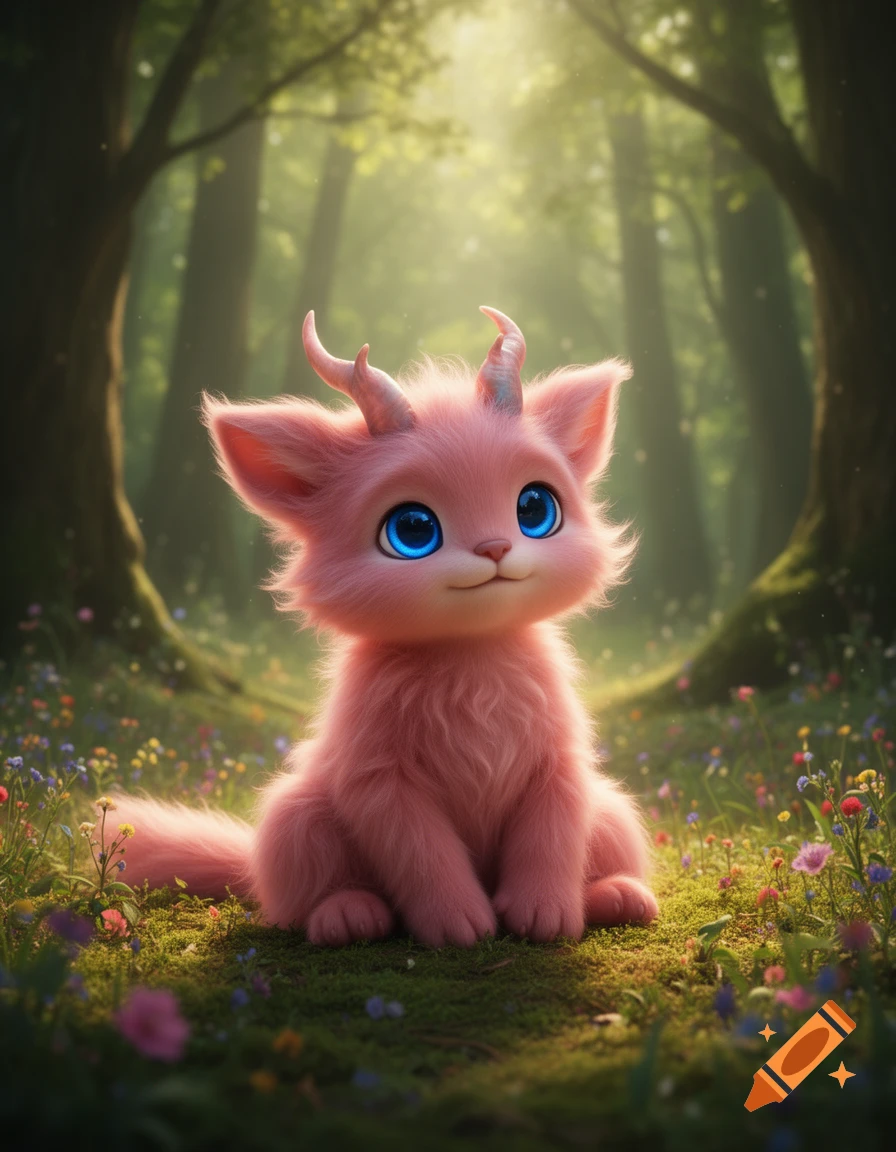 A cute pink fantasy creature with big blue eyes and small horns sits in a lush, sunlit forest among wildflowers.