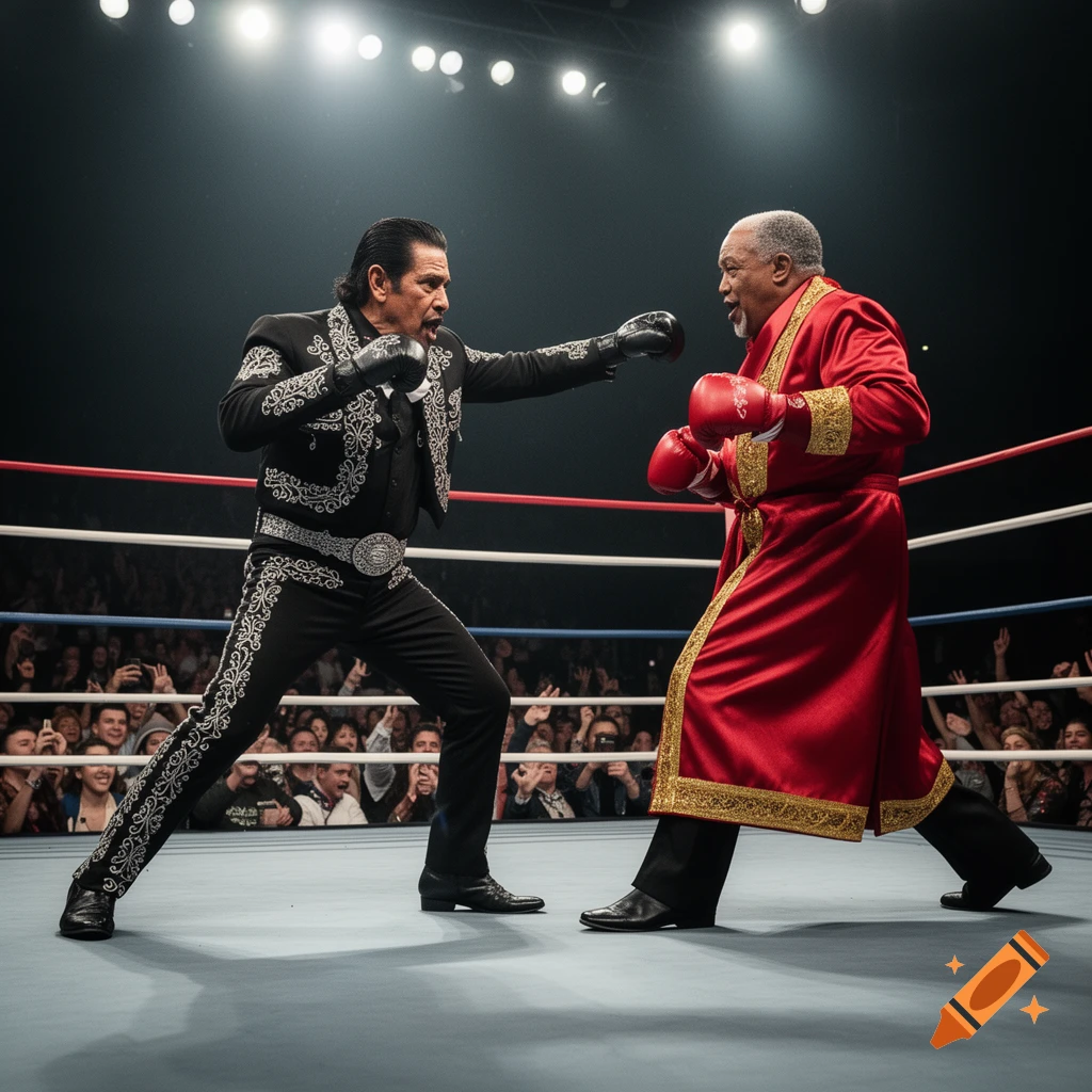 Danny Trejo in a mariachi suit punching an older man in a red boxing robe inside a boxing ring, with a crowd watching.