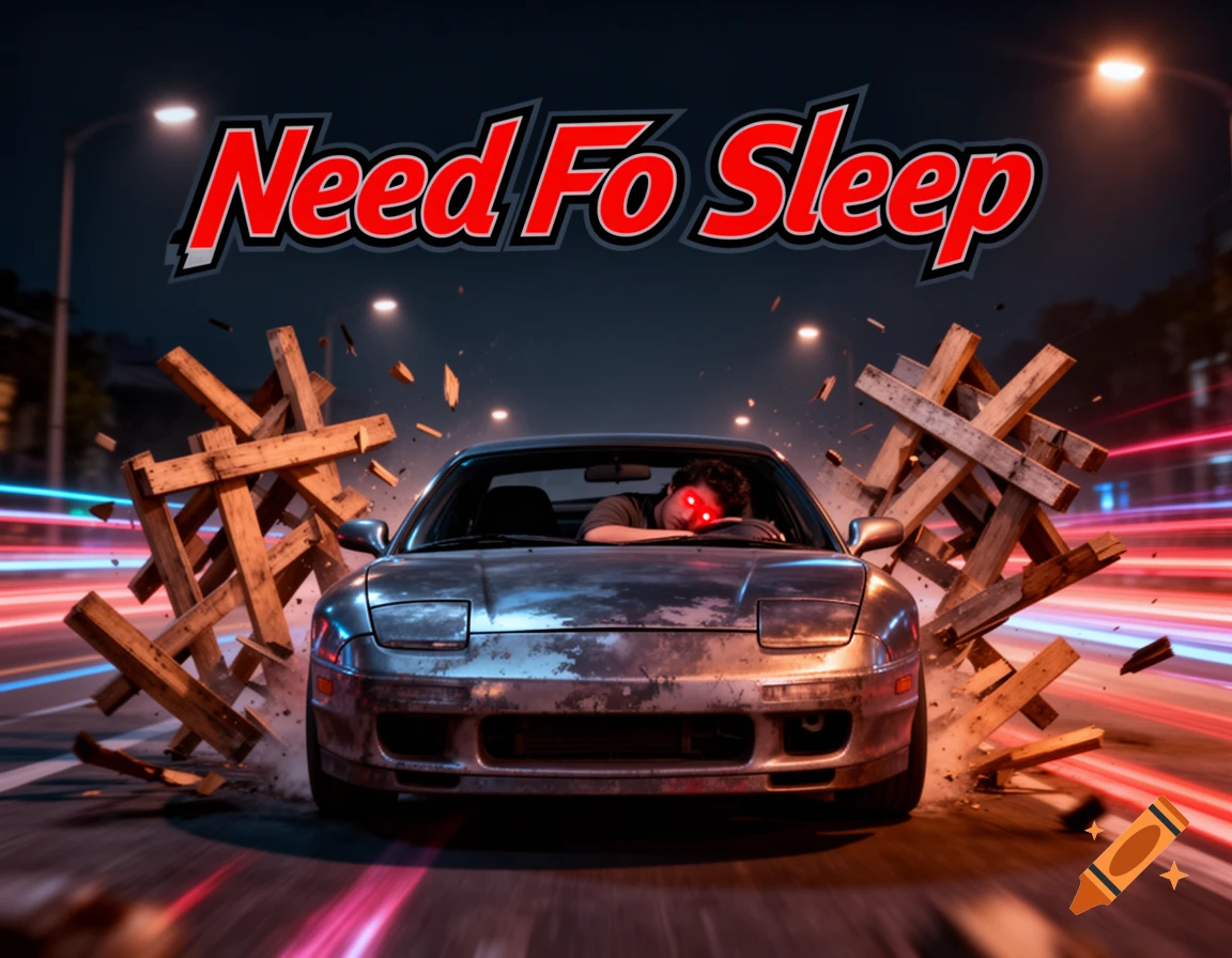 Stylized game cover 'Need Fo Sleep' with a distressed car, a red-eyed driver asleep at the wheel, crashing through a barricade at night.