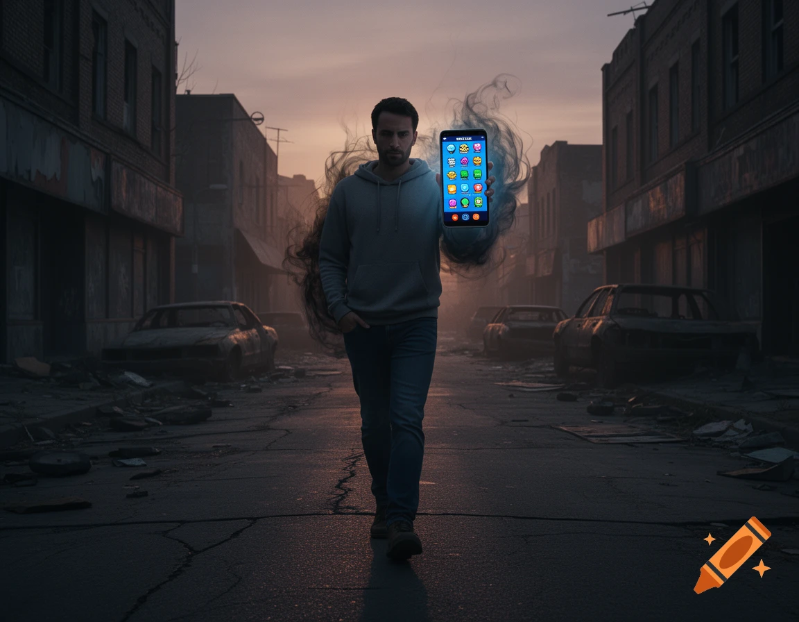 A man walks down a desolate street at dusk, holding a glowing smartphone with 'Brawl Stars' and surrounded by a dark, ominous aura.