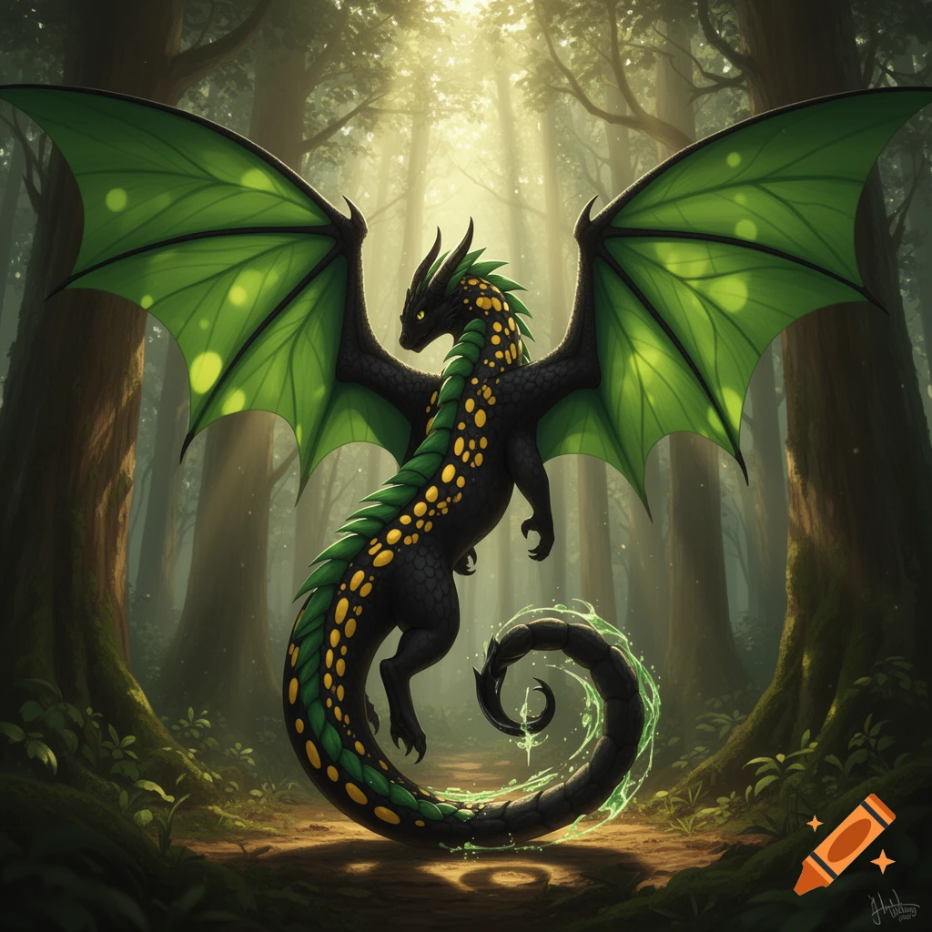 A black dragon with bright green, leaf-like wings and yellow spotted scales stands in a sunlit forest.
