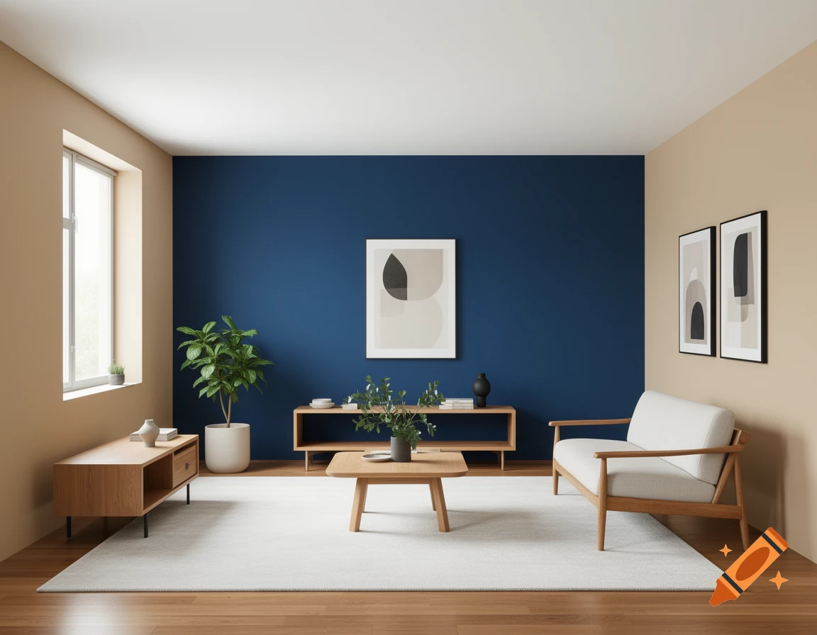 Modern living room with a deep blue accent wall, natural wood furniture, white sofa, and abstract art.