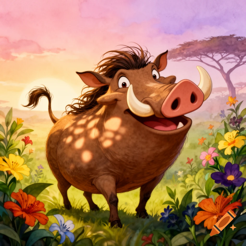 A smiling cartoon warthog stands among colorful flowers at sunset, with a savanna tree in the background.