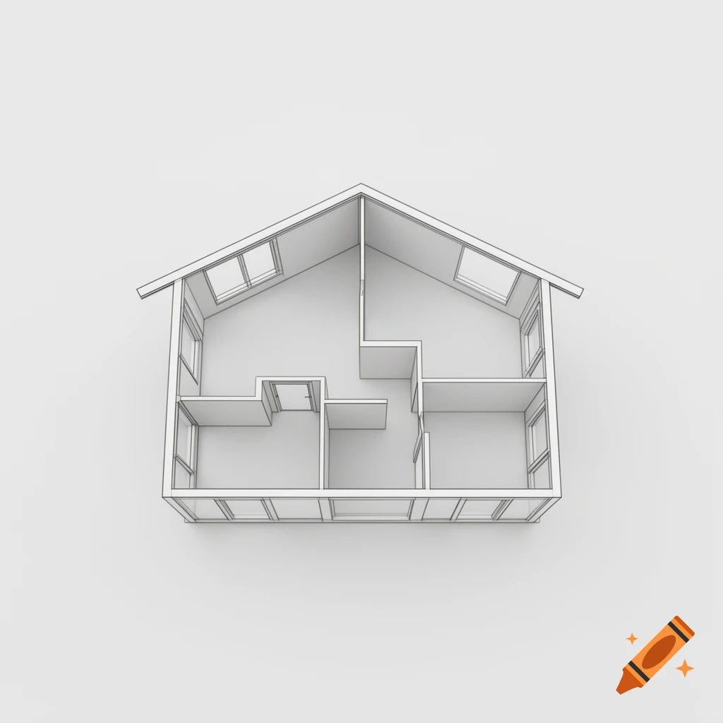 Top-down line drawing of a simple house floor plan with an attic roof and rooms visible on a white background.
