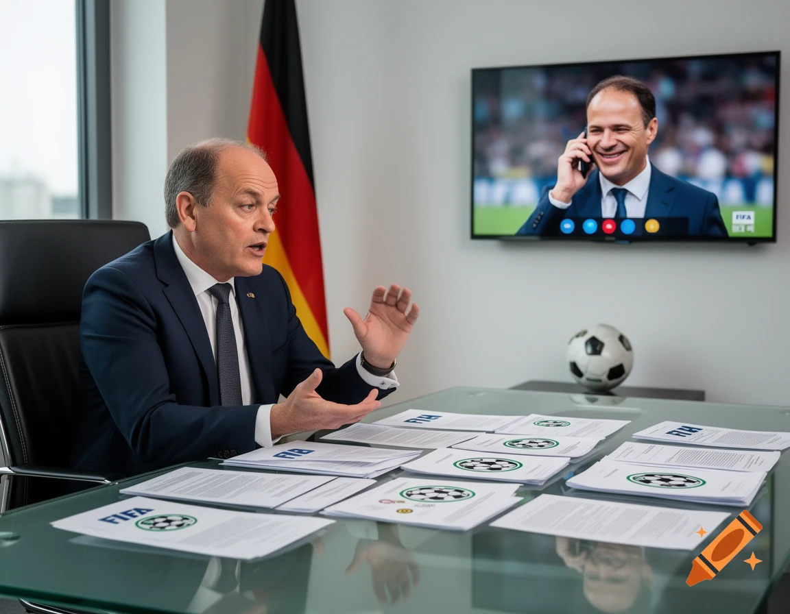A man in a suit gesticulates at a desk with documents, while a man on a TV screen on the wall smiles and holds a phone. A German flag and soccer ball are in the background.