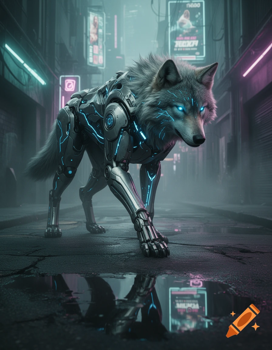 A photorealistic cybernetic wolf with glowing blue eyes walks on a wet street in a dark, neon-lit cyberpunk city.