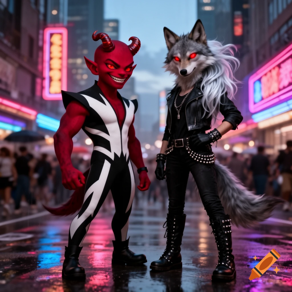 A red demon-like character and a grey wolf character with glowing red eyes stand on a wet neon-lit city street.